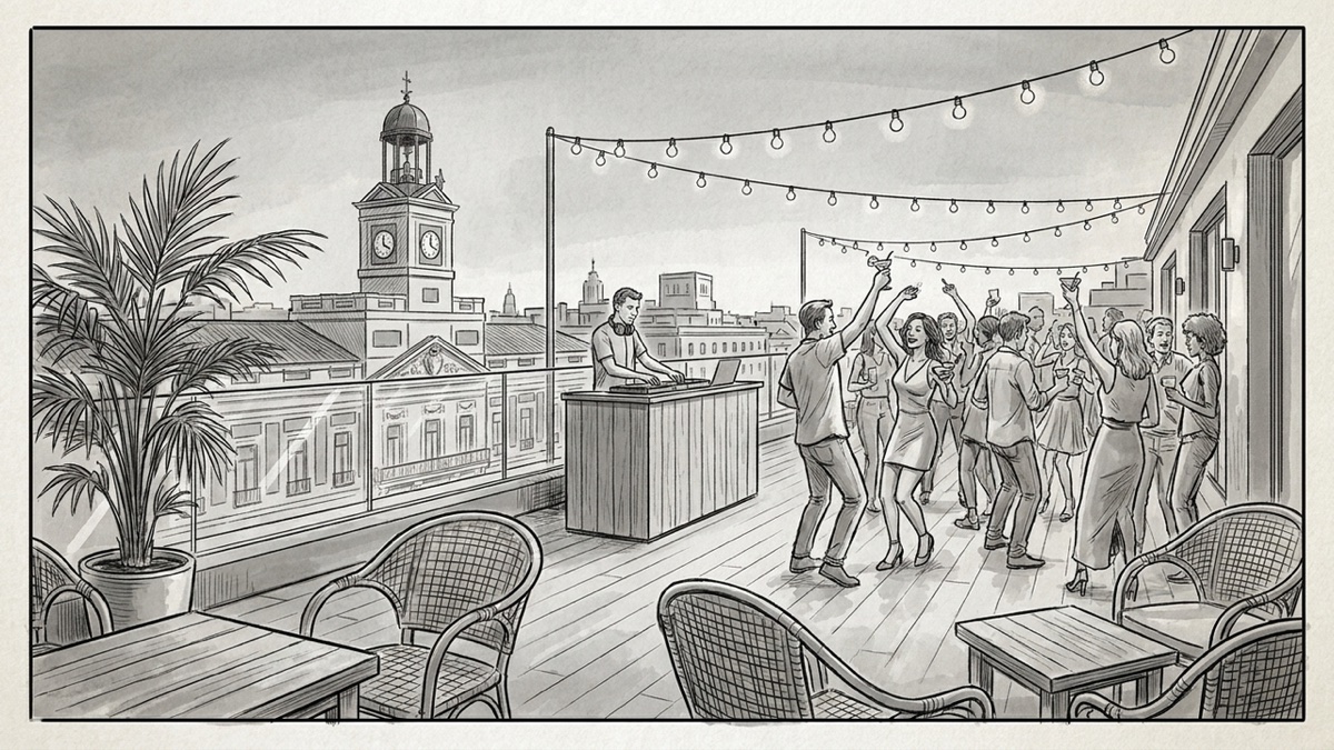 Plano general de la fiesta en la terraza junto a la Puerta del Sol